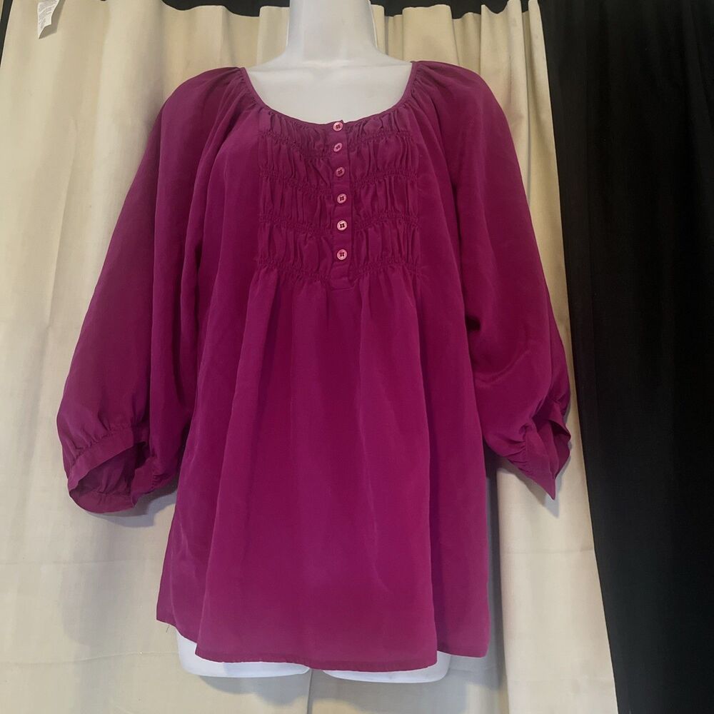 Karen Kane Peasant Top Womens Size L Watercolor Boho Cottagecore Silk